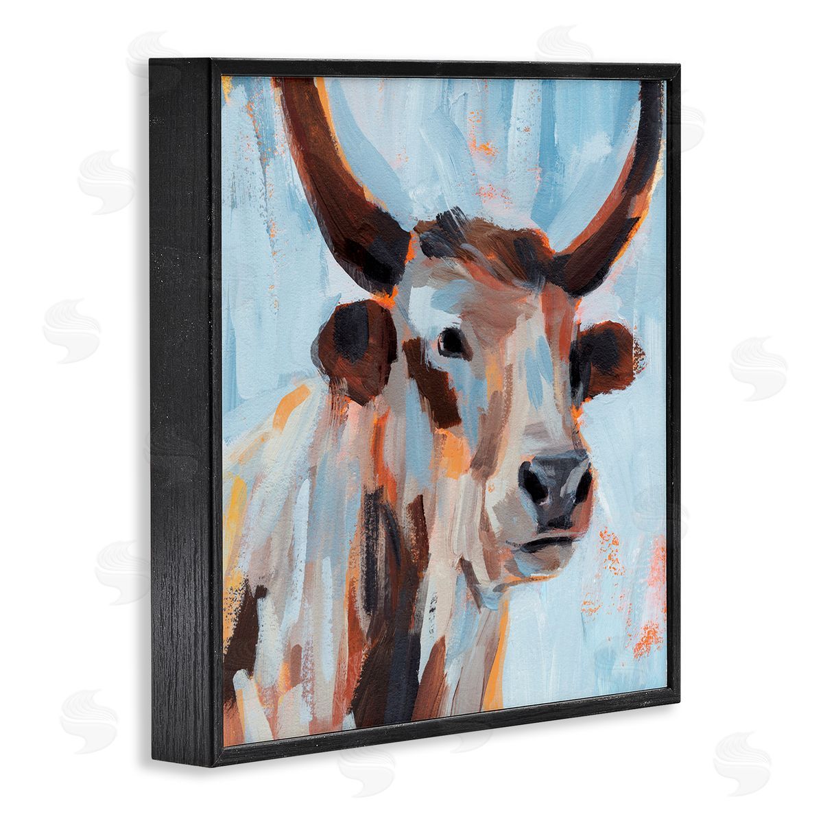 Annie Warren Modern Cattle Cow Painterly Brushstrokes Blue Background Black Framed Glicee Wall Art Print