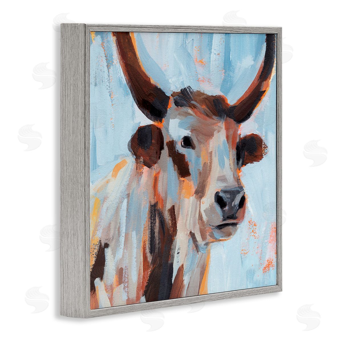 Annie Warren Modern Cattle Cow Painterly Brushstrokes Blue Background Gray Framed Glicee Wall Art Print