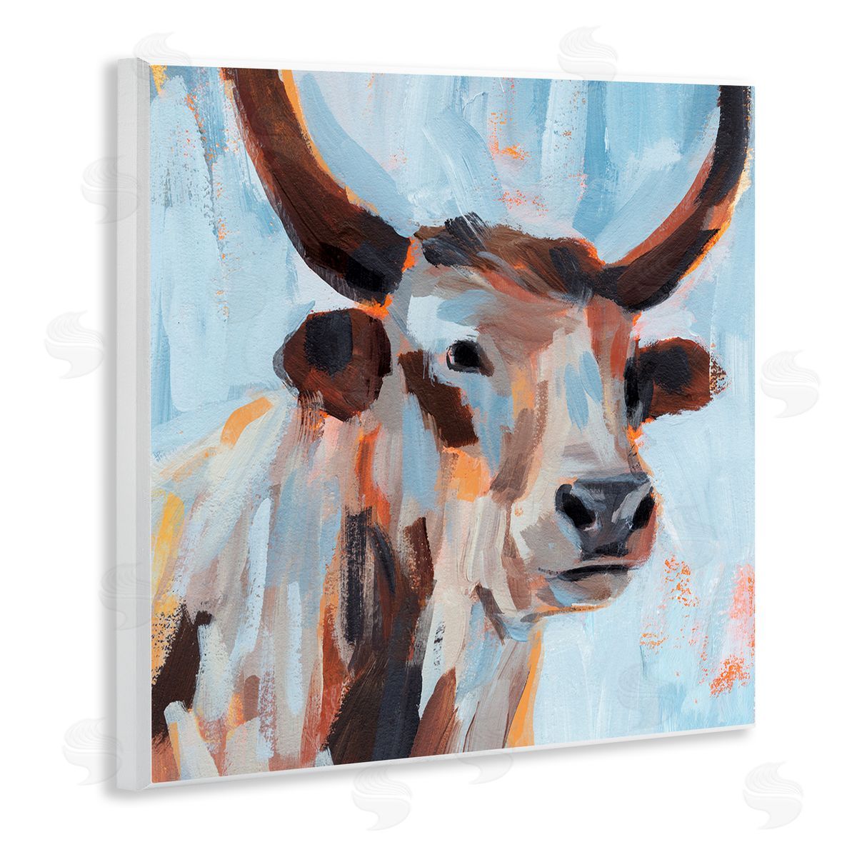 Annie Warren Modern Cattle Cow Painterly Brushstrokes Blue Background Wooden Wall Plaque Art Print