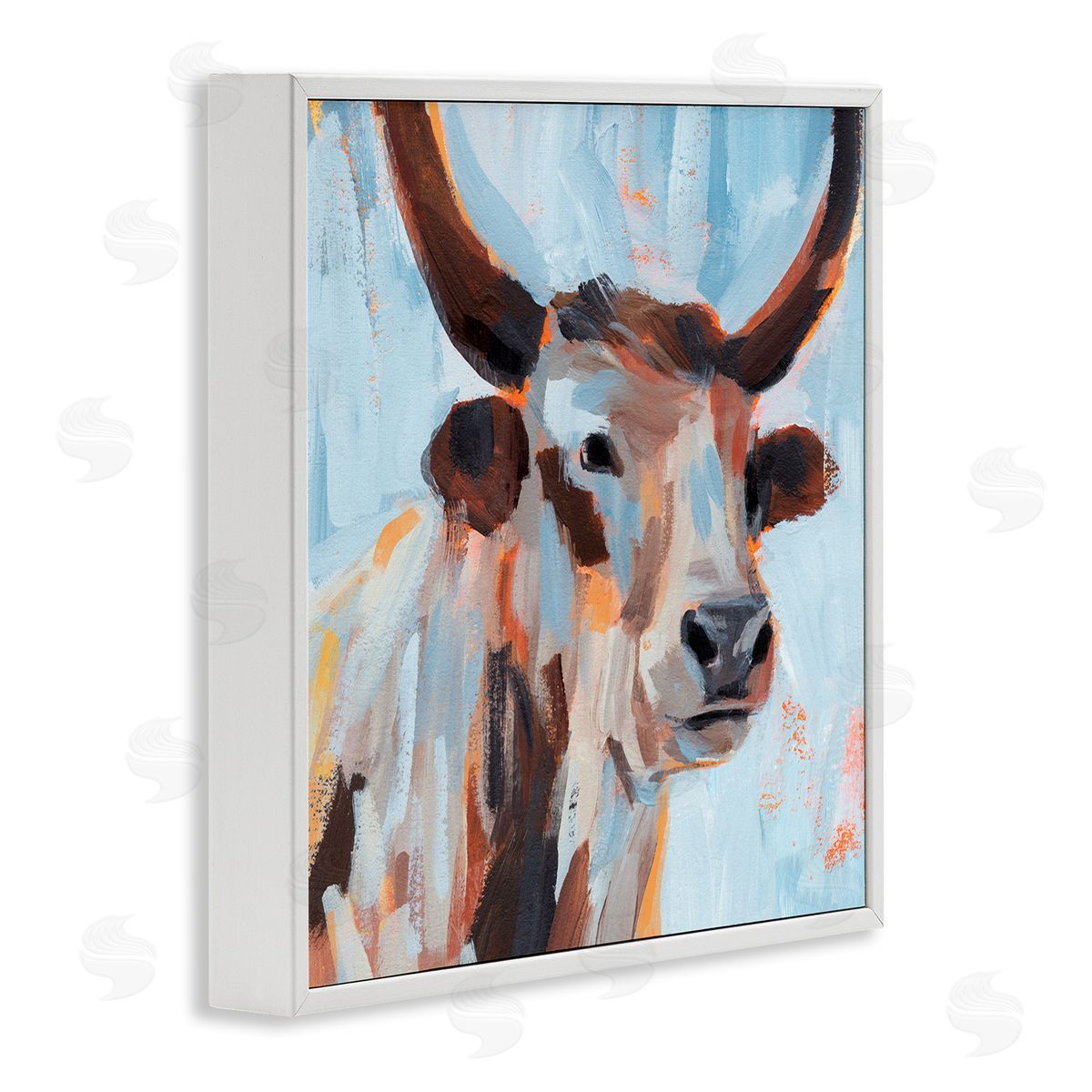 Annie Warren Modern Cattle Cow Painterly Brushstrokes Blue Background White Framed Glicee Wall Art Print