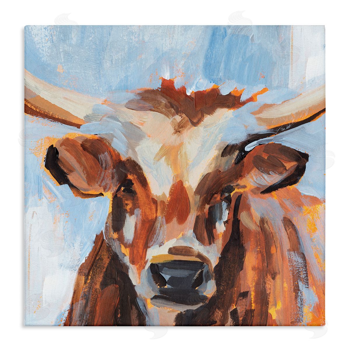 Annie Warren Blue Modern Farm Cow Cattle Brushstrokes Painting  Stretched Canvas Wall Art Print