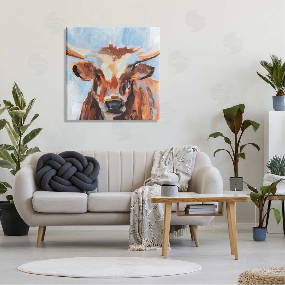 Annie Warren Blue Modern Farm Cow Cattle Brushstrokes Painting  Canvas Wall Art in Room