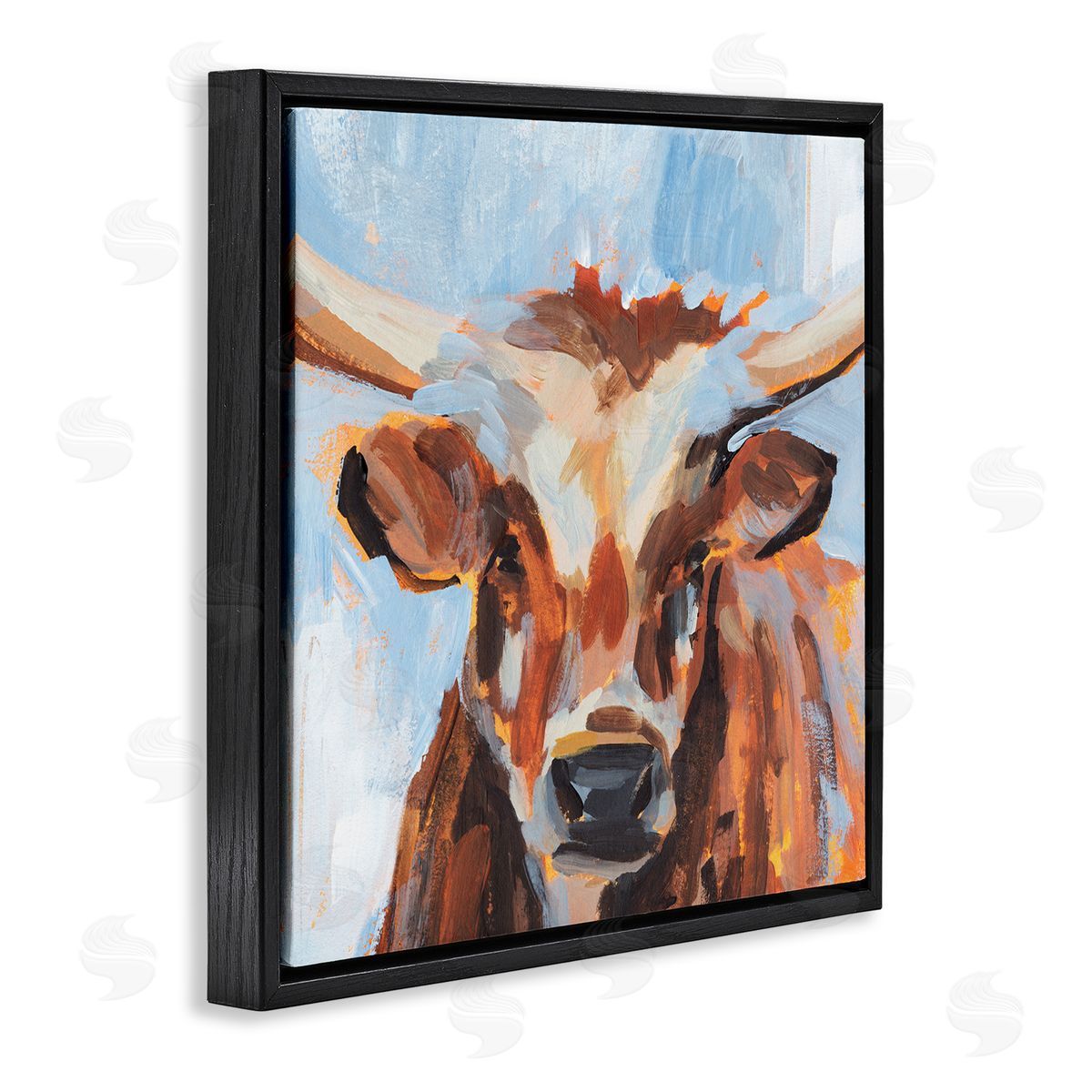 Annie Warren Blue Modern Farm Cow Cattle Brushstrokes Painting  Black Floating Frame Canvas Wall Art Print