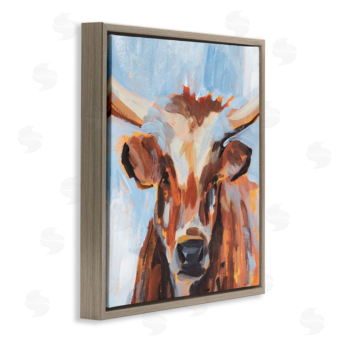 Annie Warren Blue Modern Farm Cow Cattle Brushstrokes Painting  Brown Floating Frame Canvas Wall Art Print