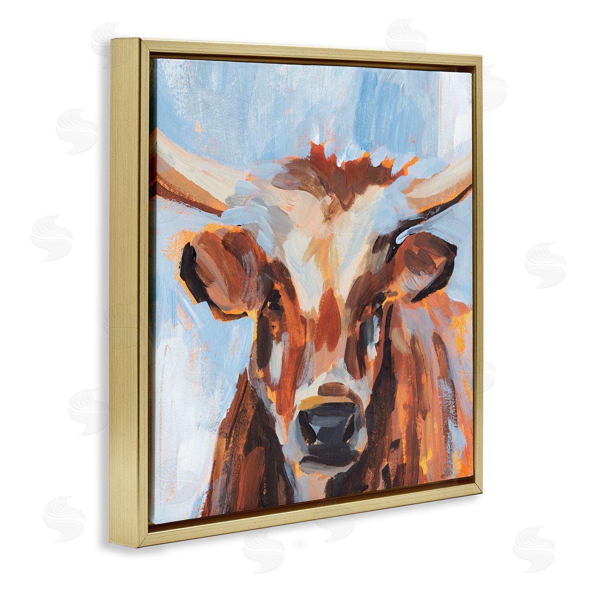 Annie Warren Blue Modern Farm Cow Cattle Brushstrokes Painting  Gold Floating Frame Canvas Wall Art Print