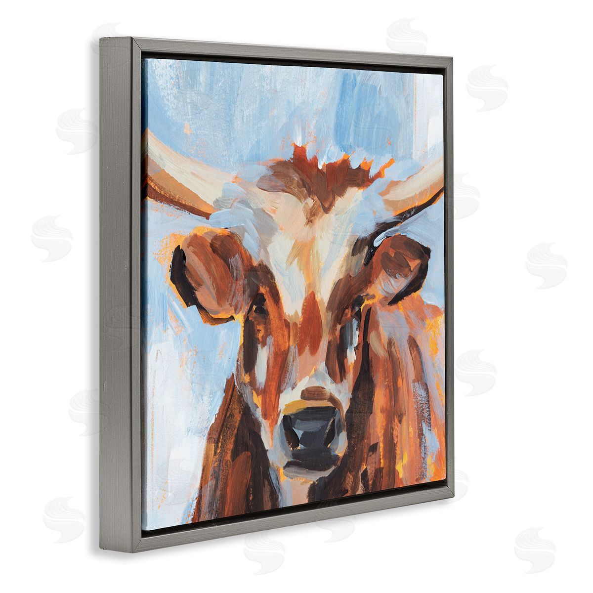 Annie Warren Blue Modern Farm Cow Cattle Brushstrokes Painting  Gray Floating Frame Canvas Wall Art Print