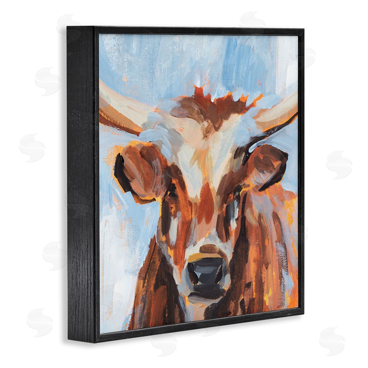 Annie Warren Blue Modern Farm Cow Cattle Brushstrokes Painting  Black Framed Glicee Wall Art Print