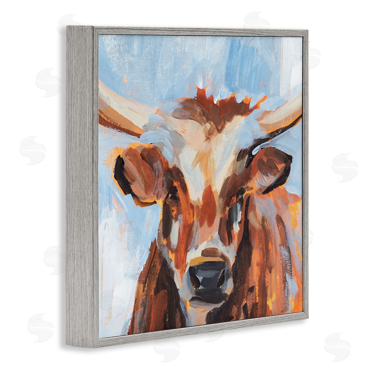 Annie Warren Blue Modern Farm Cow Cattle Brushstrokes Painting  Gray Framed Glicee Wall Art Print