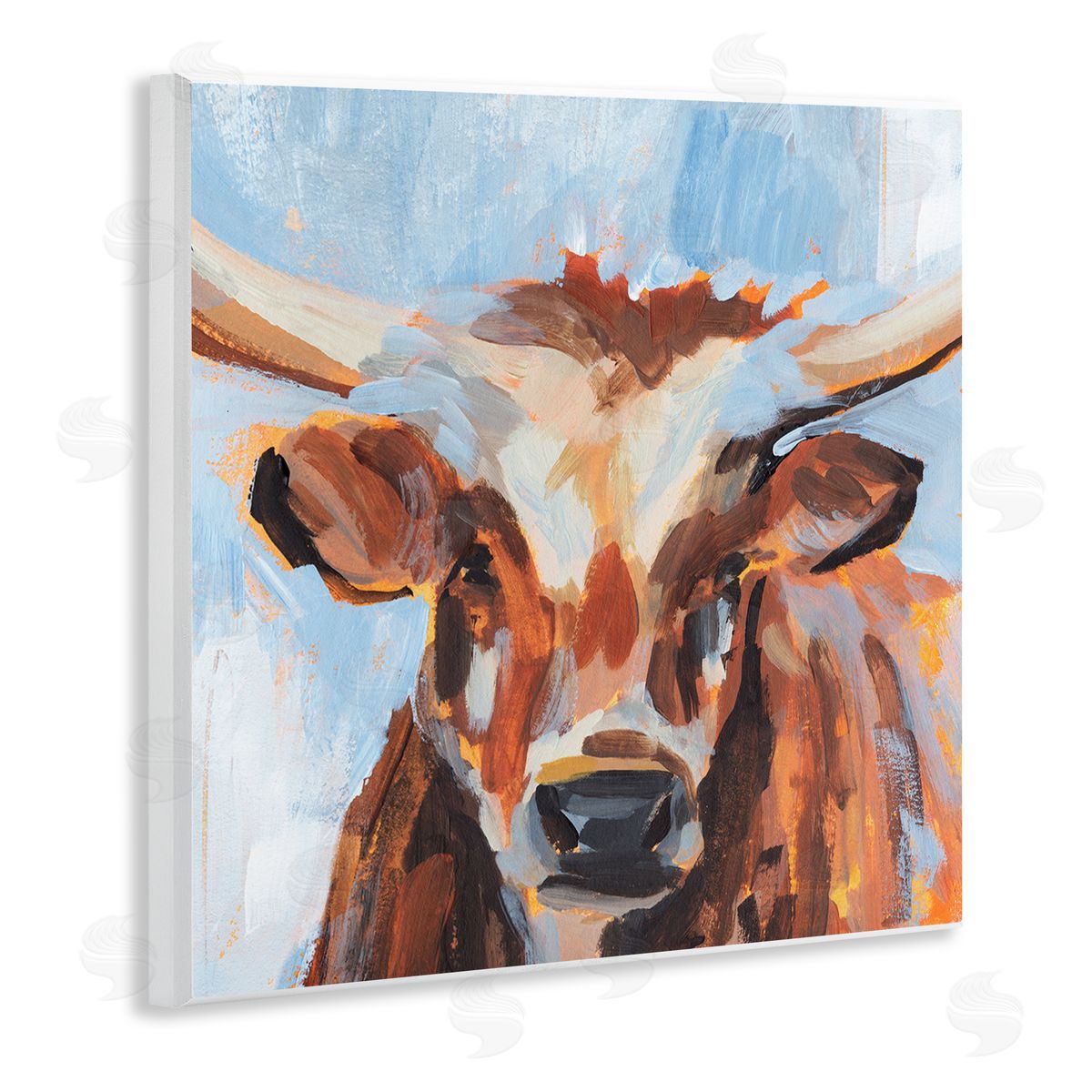 Annie Warren Blue Modern Farm Cow Cattle Brushstrokes Painting  Wooden Wall Plaque Art Print