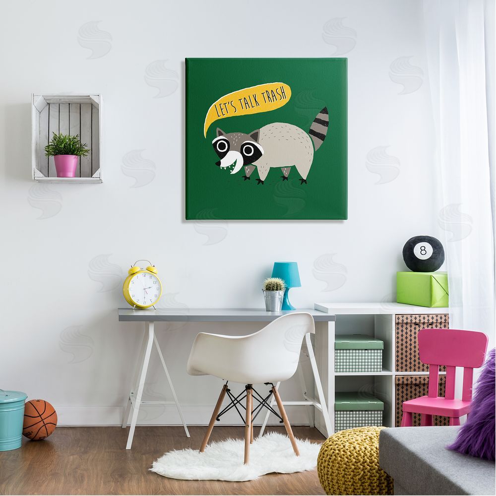 Michael Buxton Let's Talk Trash Phrase Witty Raccoon Saying  Canvas Wall Art in Room