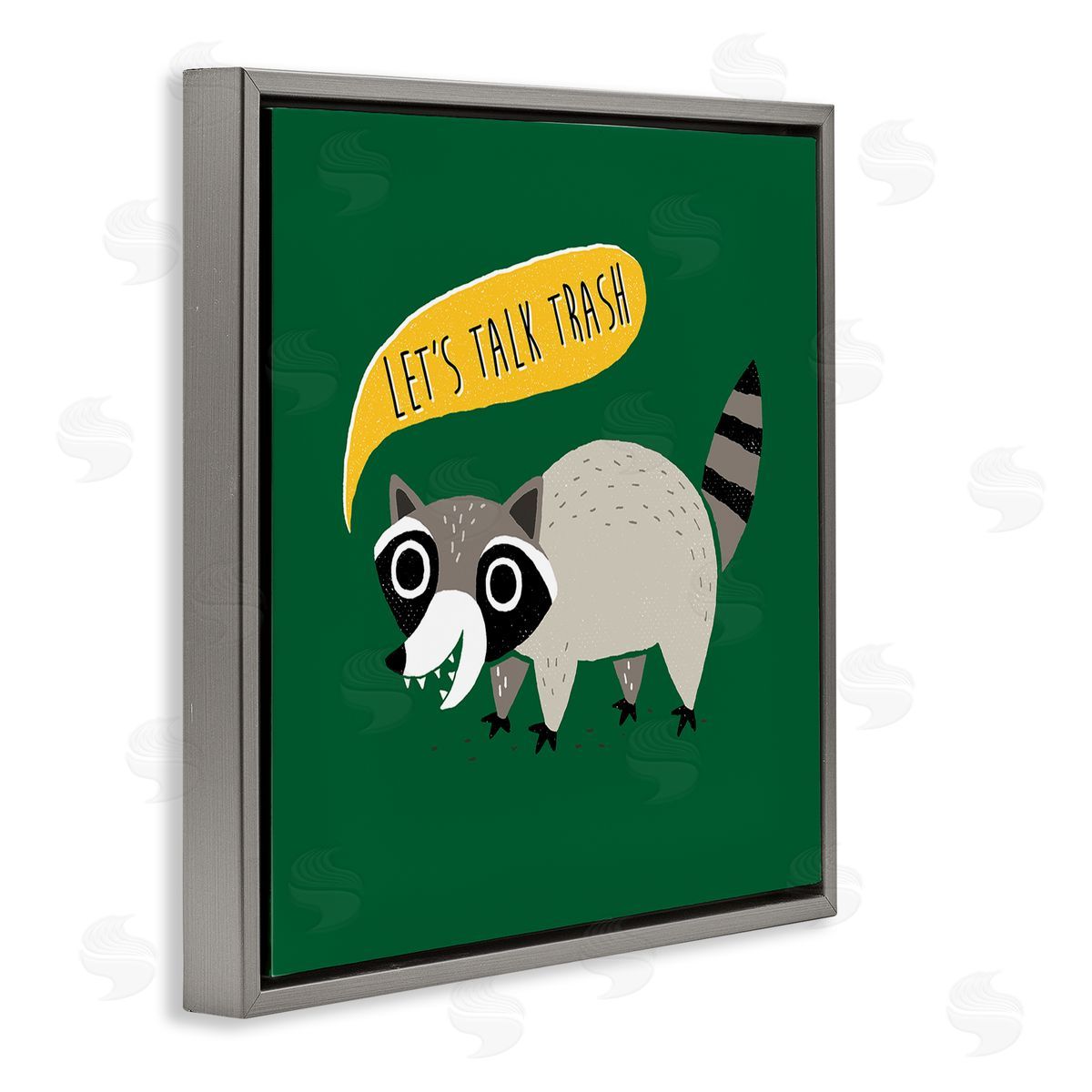 Michael Buxton Let's Talk Trash Phrase Witty Raccoon Saying  Gray Floating Frame Canvas Wall Art Print