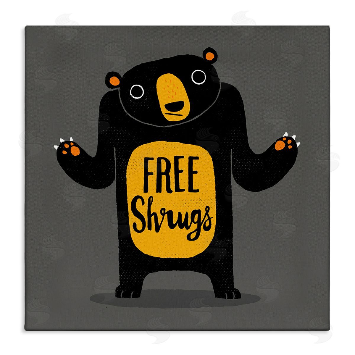 Michael Buxton Free Shrugs Phrase Funny Black Bear Illustration  Stretched Canvas Wall Art Print