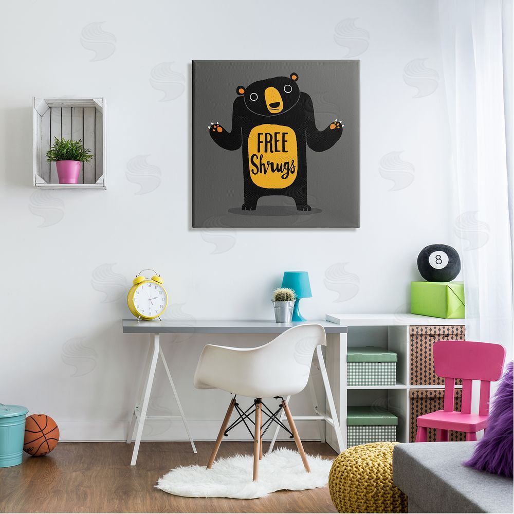 Michael Buxton Free Shrugs Phrase Funny Black Bear Illustration  Canvas Wall Art in Room