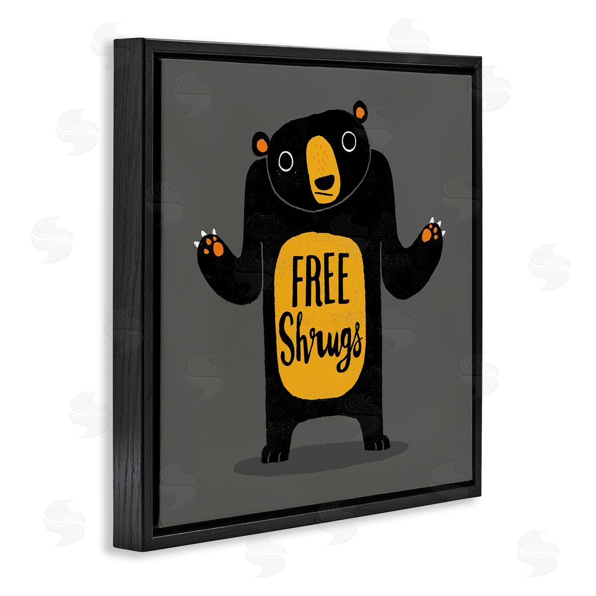 Michael Buxton Free Shrugs Phrase Funny Black Bear Illustration  Black Floating Frame Canvas Wall Art Print