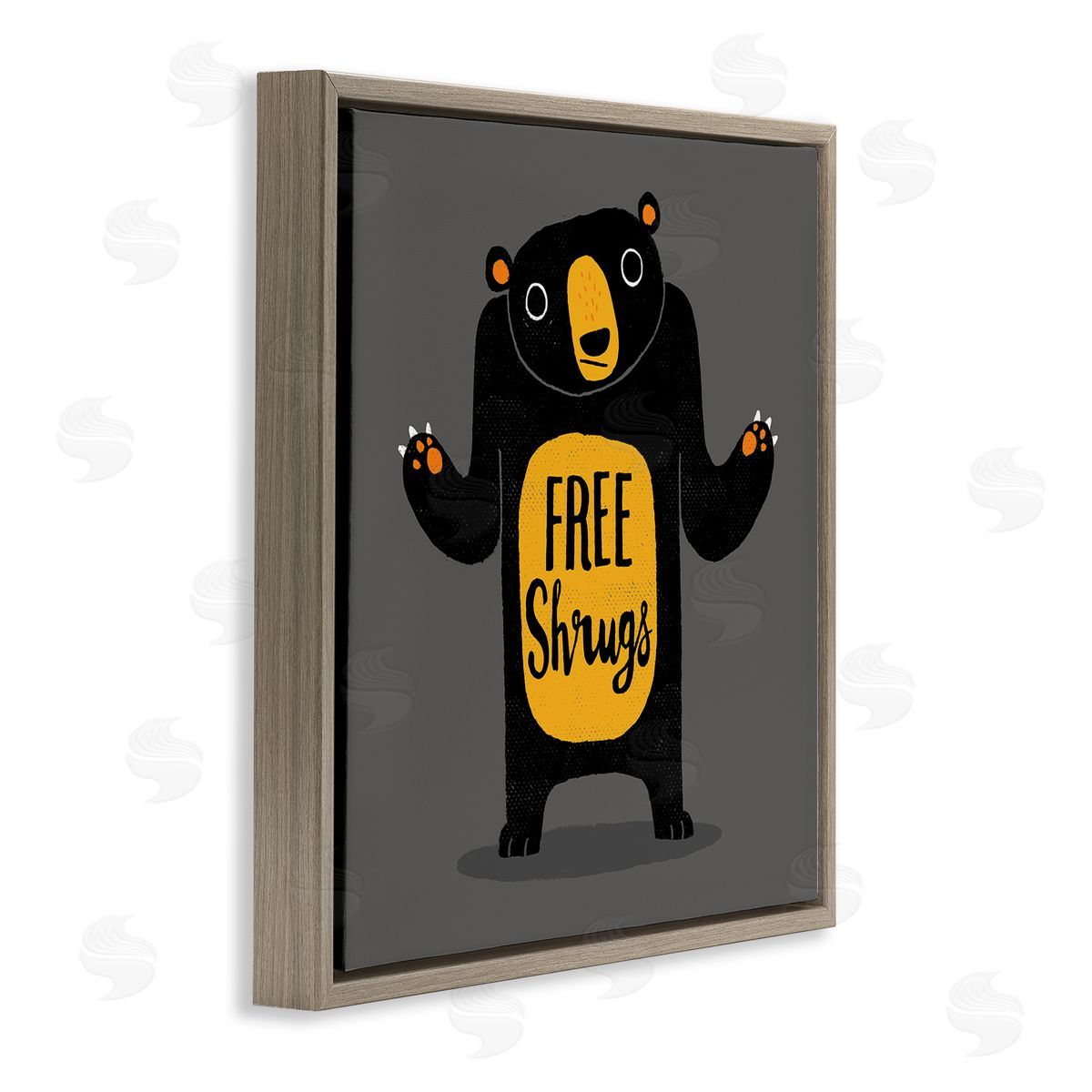 Michael Buxton Free Shrugs Phrase Funny Black Bear Illustration  Brown Floating Frame Canvas Wall Art Print