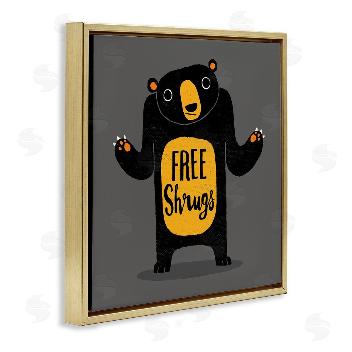 Michael Buxton Free Shrugs Phrase Funny Black Bear Illustration  Gold Floating Frame Canvas Wall Art Print