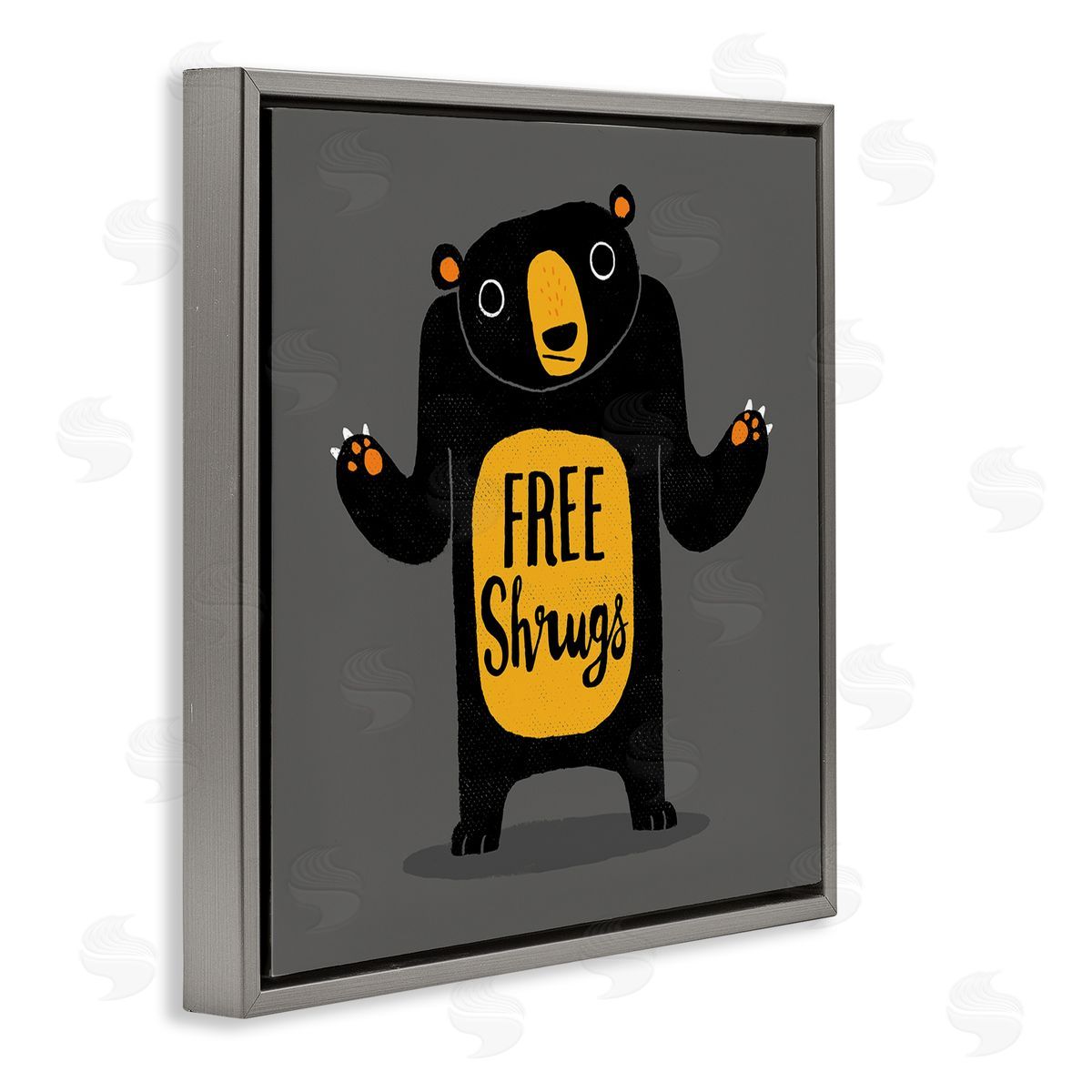 Michael Buxton Free Shrugs Phrase Funny Black Bear Illustration  Gray Floating Frame Canvas Wall Art Print
