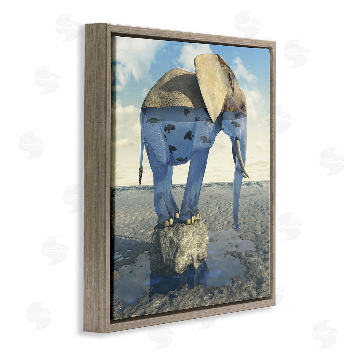 Cynthia Decker Surreal Elephant Pond Water Rock Fish Pattern Brown Floating Frame Canvas Wall Art Print