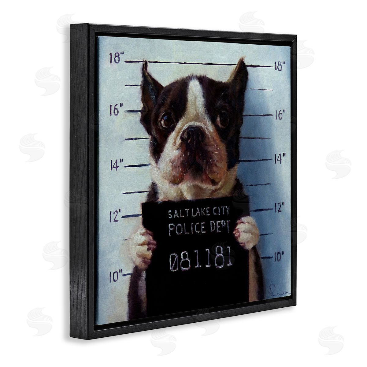 Boston Terrier Jail Convicted Mugshot Black Floating Frame Canvas Wall Art, Home Decor by Lucia Heffernan
