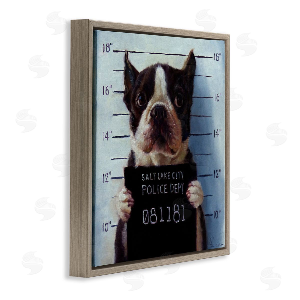 Boston Terrier Jail Convicted Mugshot Brown Floating Frame Canvas Wall Art, Home Decor by Lucia Heffernan
