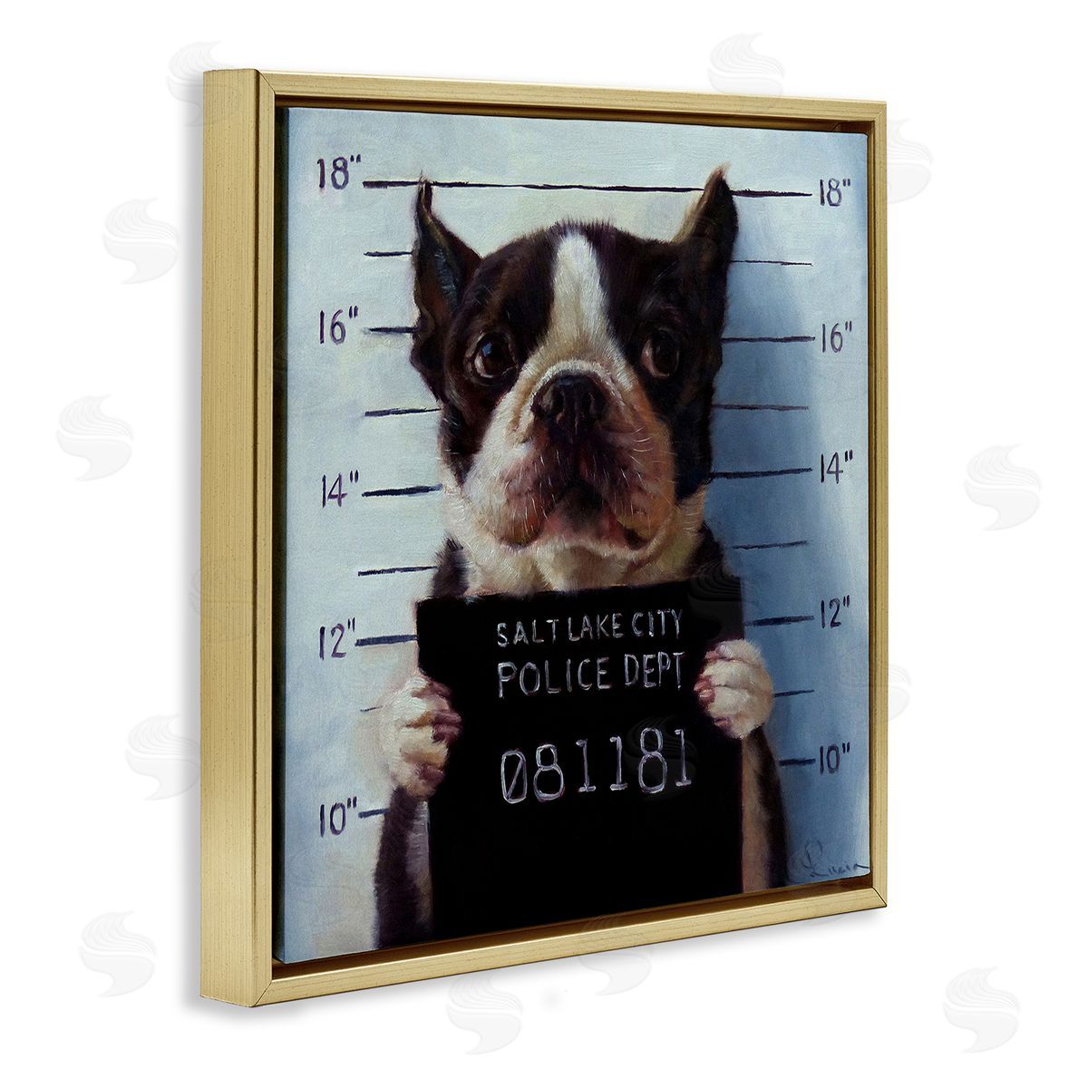 Boston Terrier Jail Convicted Mugshot Gold Floating Frame Canvas Wall Art, Home Decor by Lucia Heffernan
