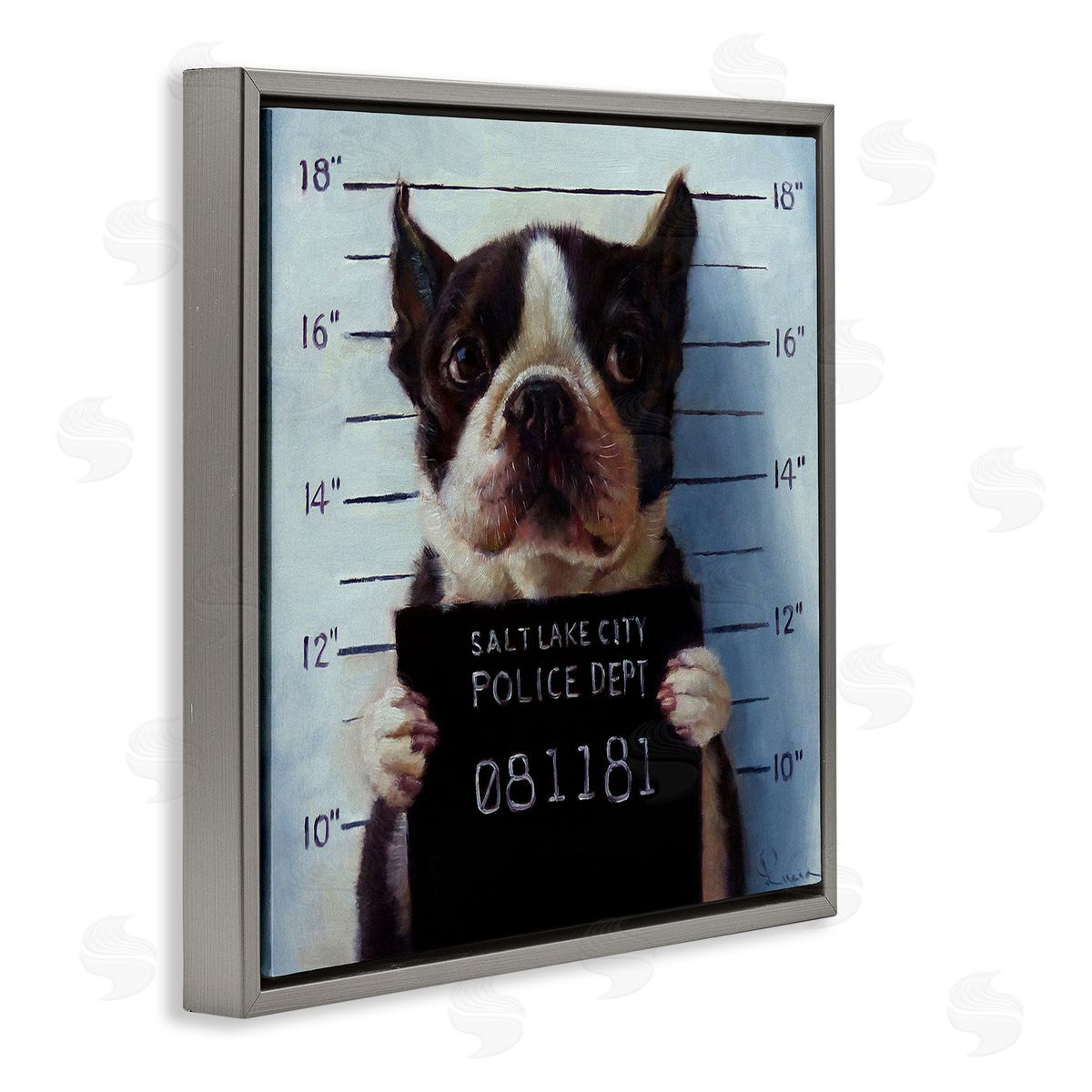 Boston Terrier Jail Convicted Mugshot Grey Floating Frame Canvas Wall Art, Home Decor by Lucia Heffernan