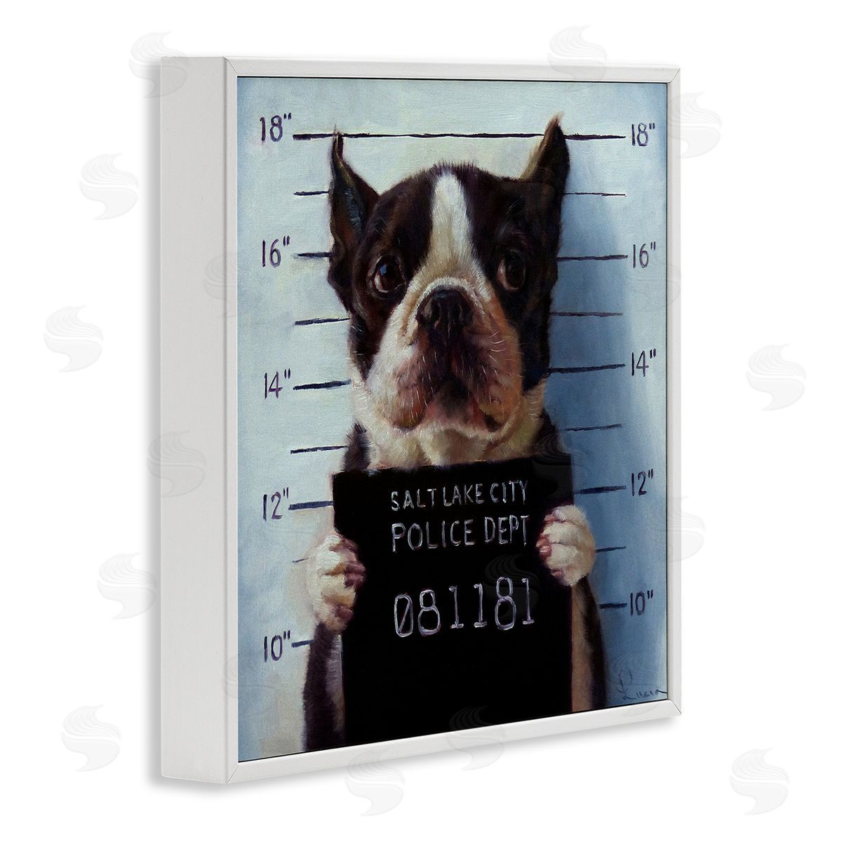 Boston Terrier Jail Convicted Mugshot White Frame Print Wall Art, Home Decor by Lucia Heffernan