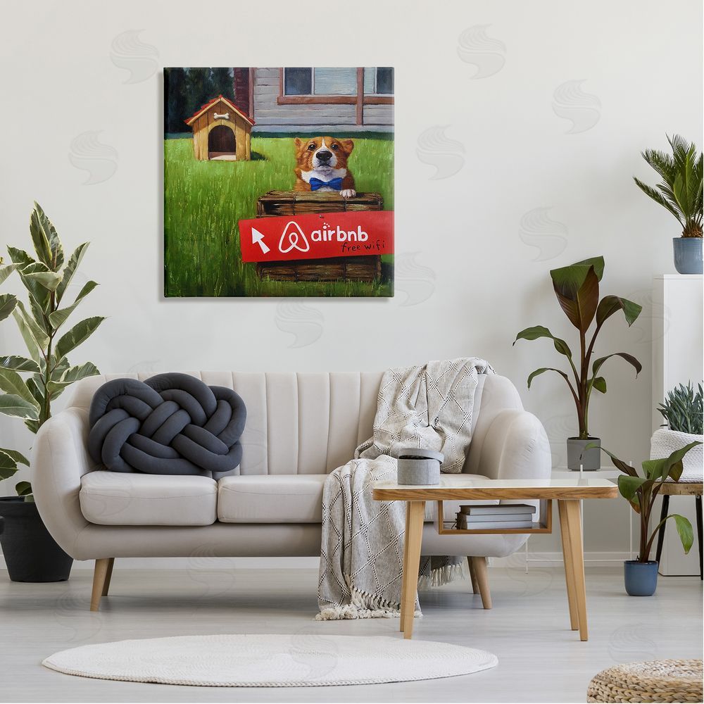 Lucia Heffernan Doghouse Rental Funny Bowtie Corgi Puppy  Canvas Wall Art in Room