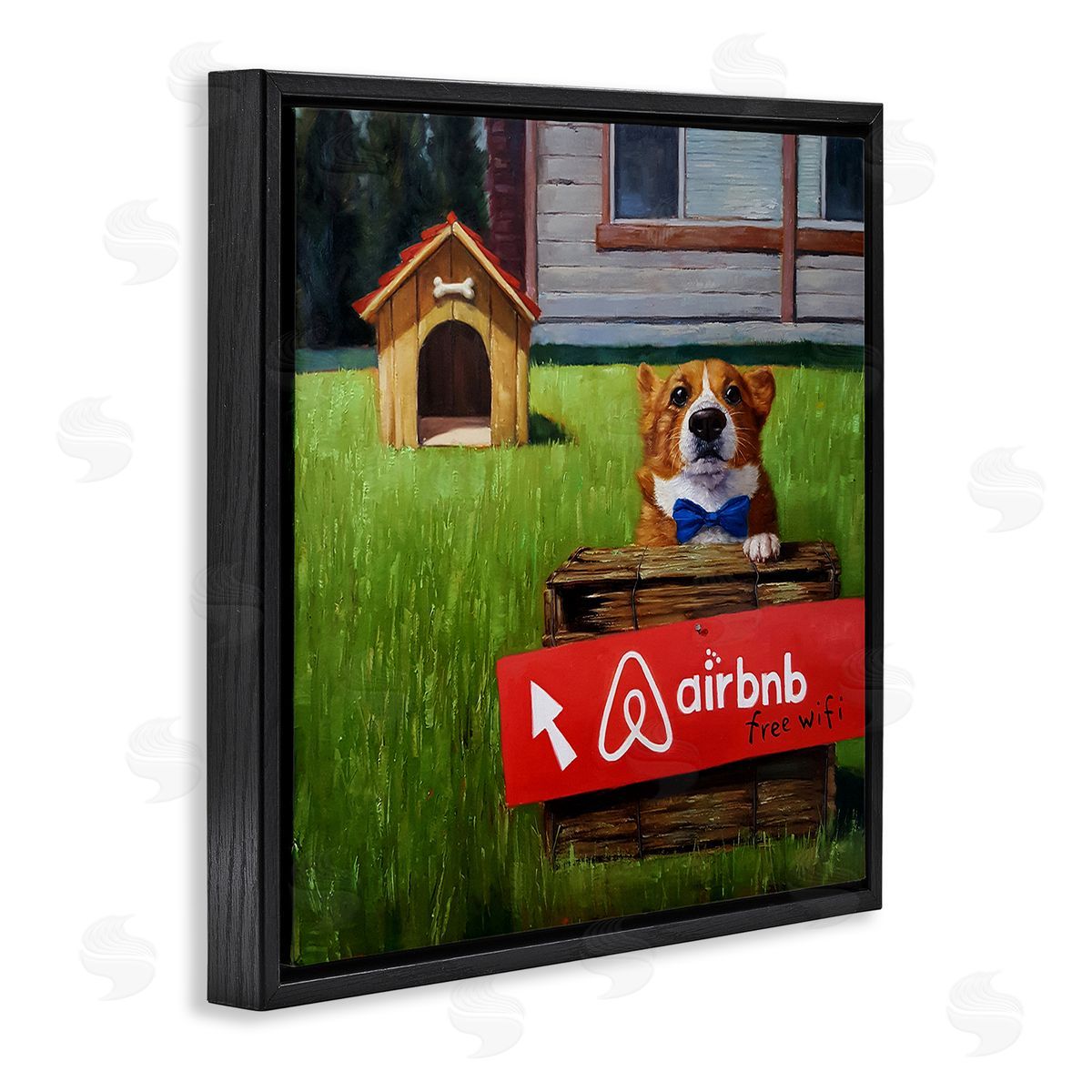 Lucia Heffernan Doghouse Rental Funny Bowtie Corgi Puppy  Black Floating Frame Canvas Wall Art Print