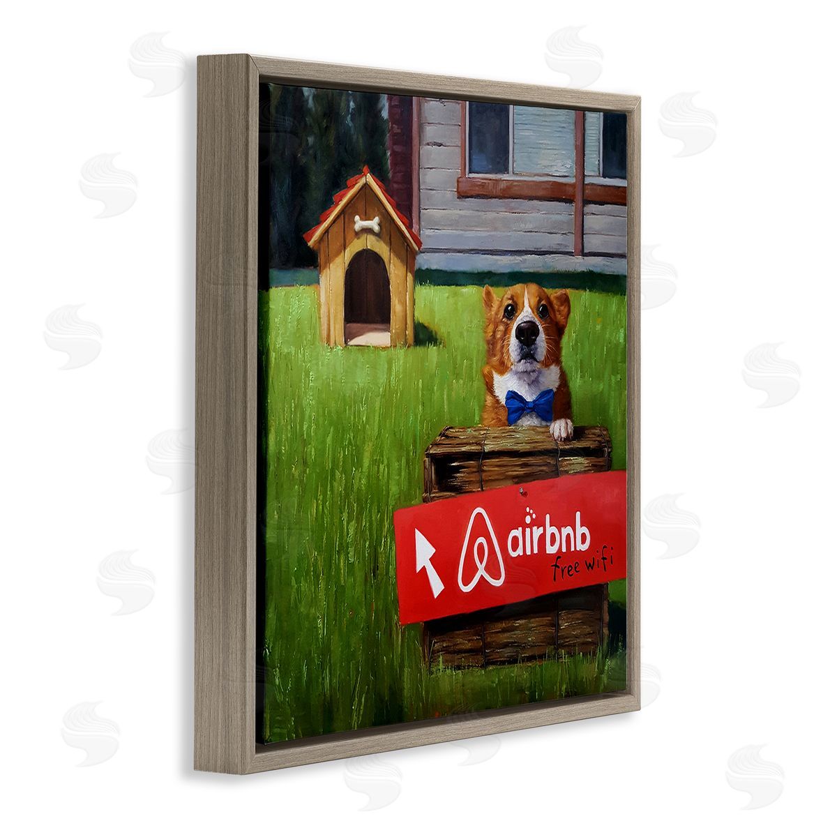 Lucia Heffernan Doghouse Rental Funny Bowtie Corgi Puppy  Brown Floating Frame Canvas Wall Art Print