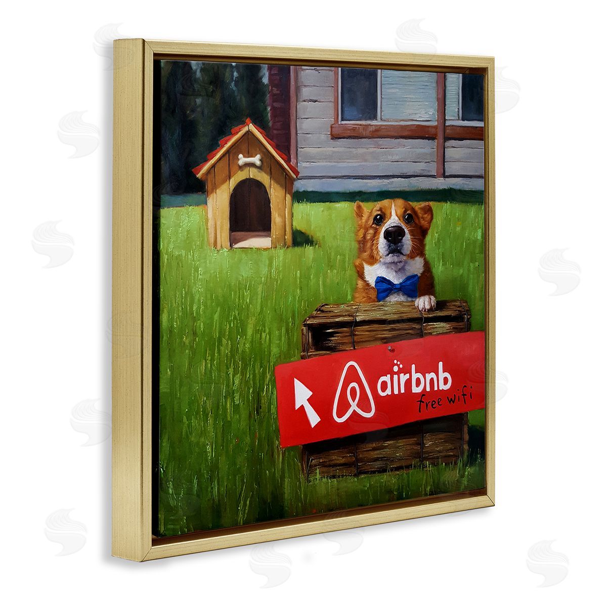 Lucia Heffernan Doghouse Rental Funny Bowtie Corgi Puppy  Gold Floating Frame Canvas Wall Art Print