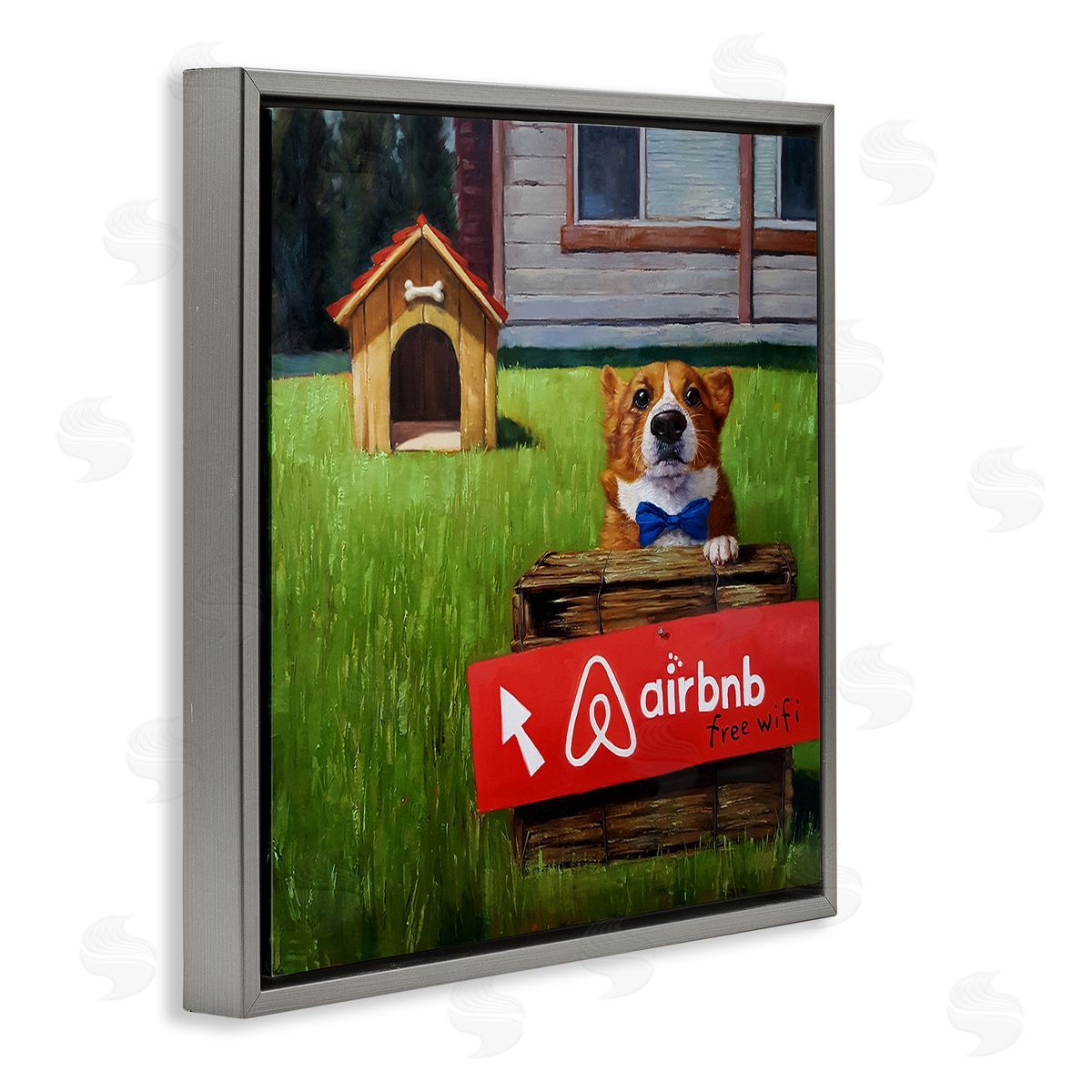 Lucia Heffernan Doghouse Rental Funny Bowtie Corgi Puppy  Gray Floating Frame Canvas Wall Art Print