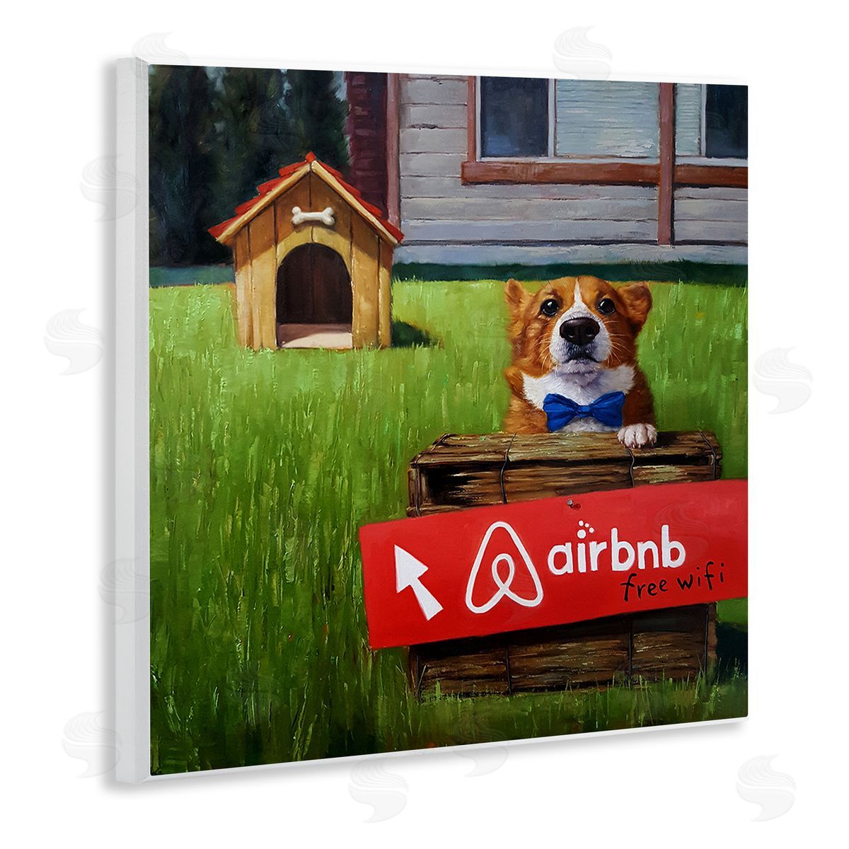 Lucia Heffernan Doghouse Rental Funny Bowtie Corgi Puppy  Wooden Wall Plaque Art Print