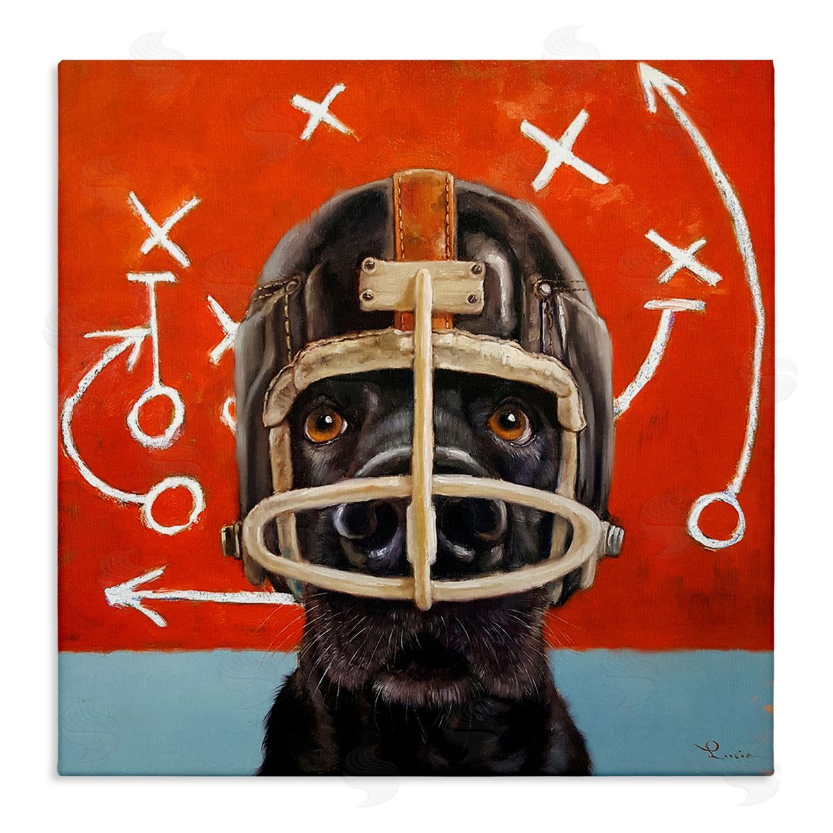 Dog in Football Helmet Sports Plays Canvas Wall Art, Home Decor by Lucia Heffernan