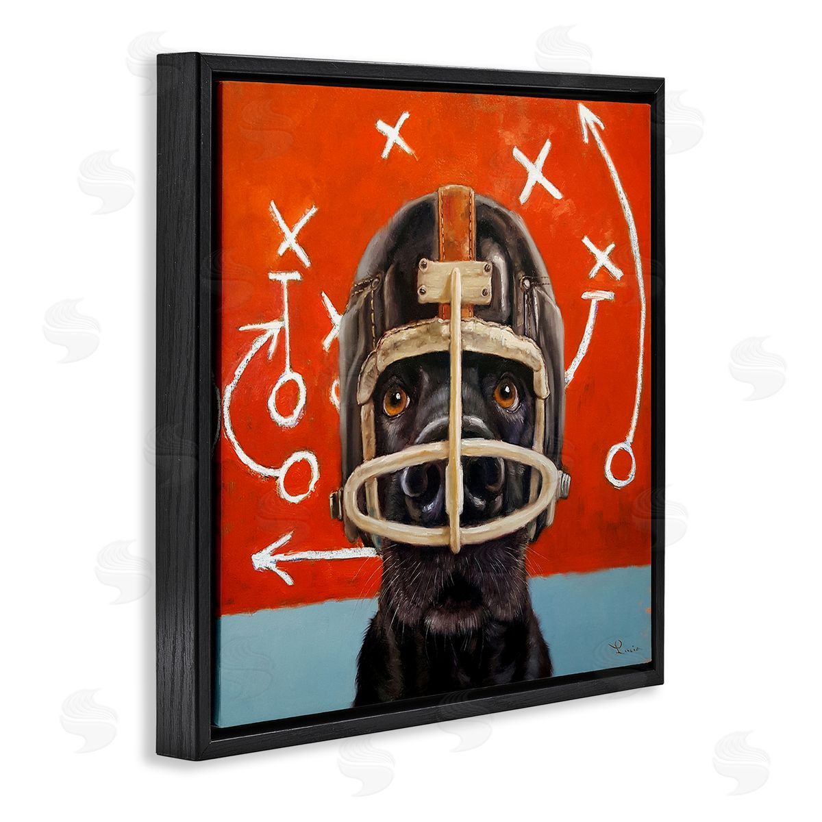 Dog in Football Helmet Sports Plays Black Floating Frame Canvas Wall Art, Home Decor by Lucia Heffernan