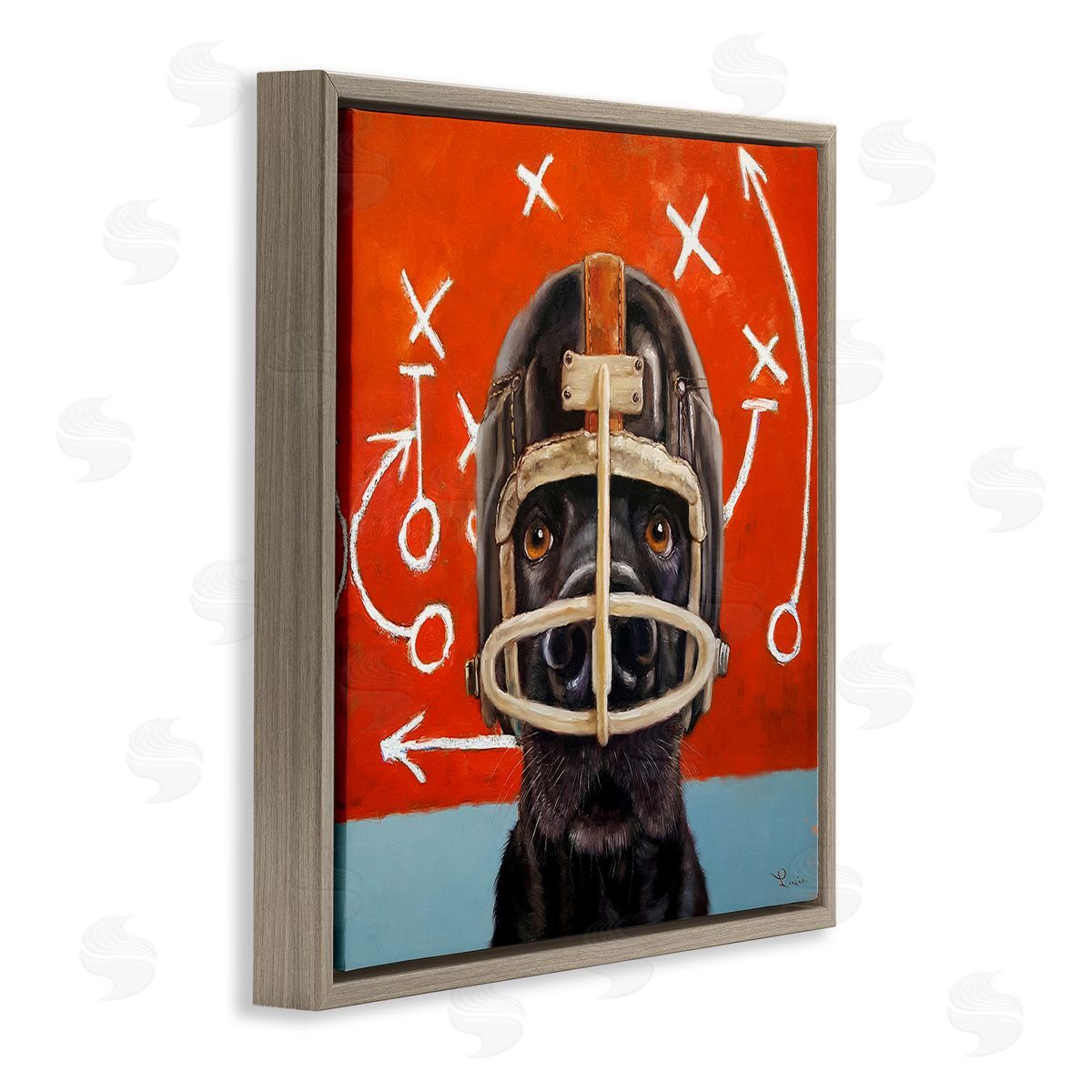 Dog in Football Helmet Sports Plays Brown Floating Frame Canvas Wall Art, Home Decor by Lucia Heffernan