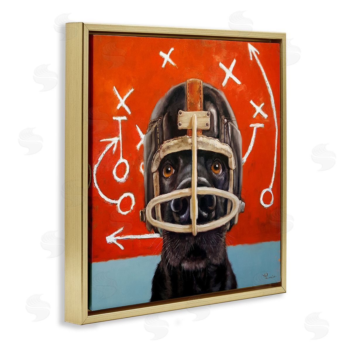 Dog in Football Helmet Sports Plays Gold Floating Frame Canvas Wall Art, Home Decor by Lucia Heffernan
