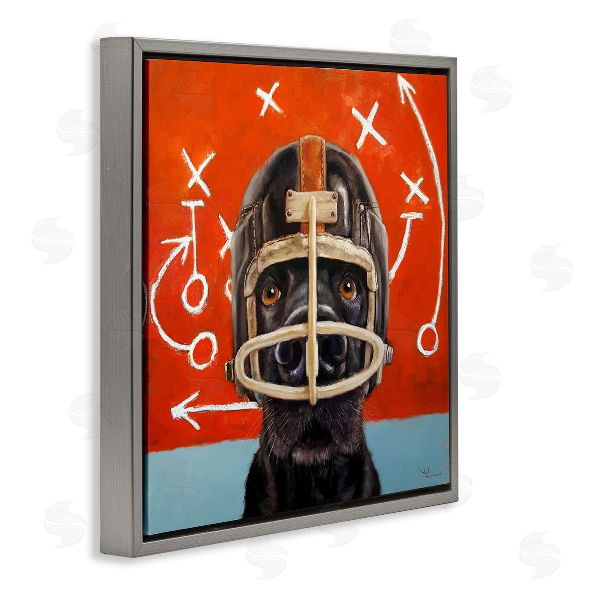 Dog in Football Helmet Sports Plays Grey Floating Frame Canvas Wall Art, Home Decor by Lucia Heffernan