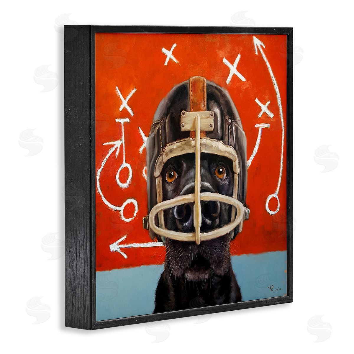 Dog in Football Helmet Sports Plays Black Frame Print Wall Art, Home Decor by Lucia Heffernan