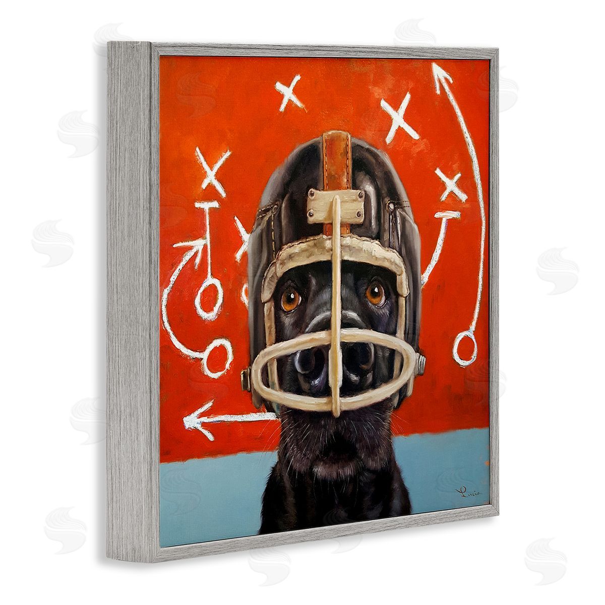 Dog in Football Helmet Sports Plays Grey Frame Print Wall Art, Home Decor by Lucia Heffernan