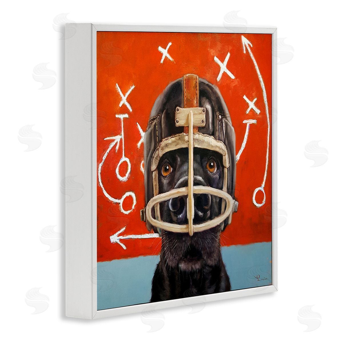 Dog in Football Helmet Sports Plays White Frame Print Wall Art, Home Decor by Lucia Heffernan