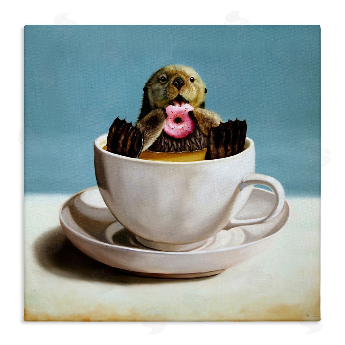 Lucia Heffernan Cute Seal Pink Donut Floating Coffee Tea Cup Stretched Canvas Wall Art Print
