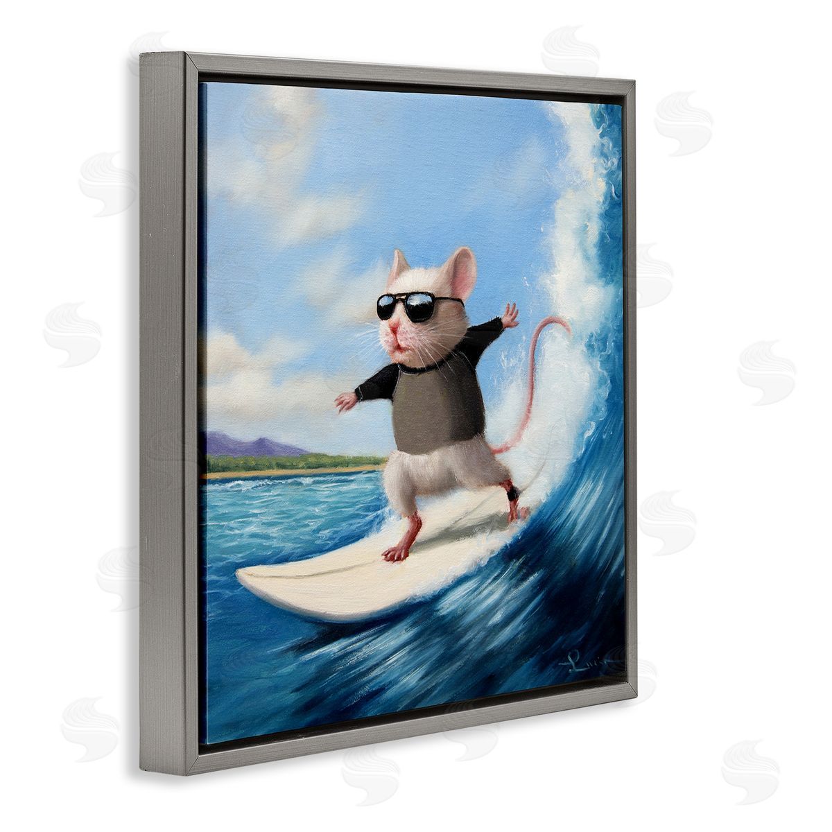 Cool Surfer Mouse Blue Ocean Waves Grey Floating Frame Canvas Wall Art, Home Decor by Lucia Heffernan