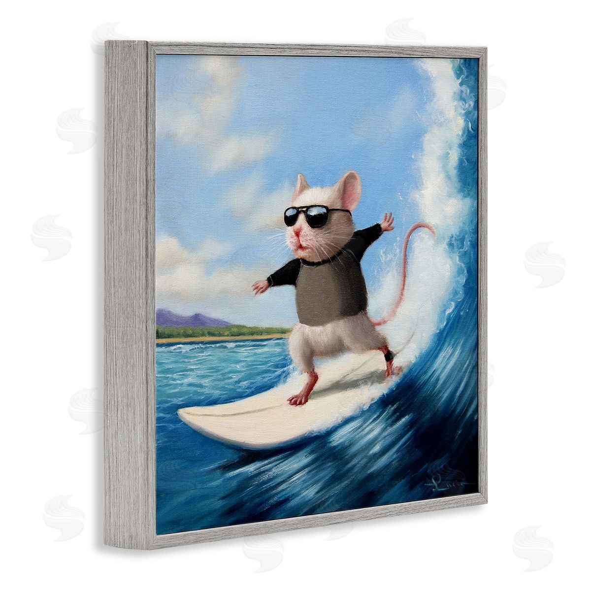 Cool Surfer Mouse Blue Ocean Waves Grey Frame Print Wall Art, Home Decor by Lucia Heffernan