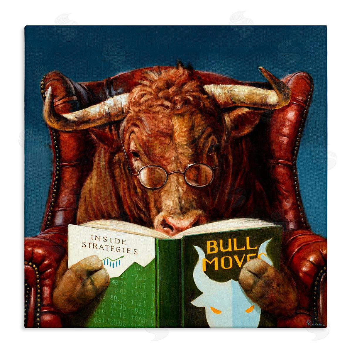 Lucia Heffernan Bull Reading Book Spectacles Red Leather Chair   Stretched Canvas Wall Art Print