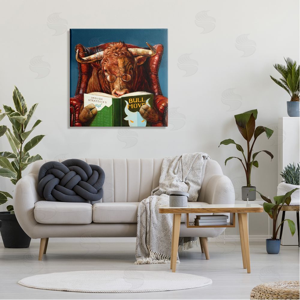 Lucia Heffernan Bull Reading Book Spectacles Red Leather Chair   Canvas Wall Art in Room