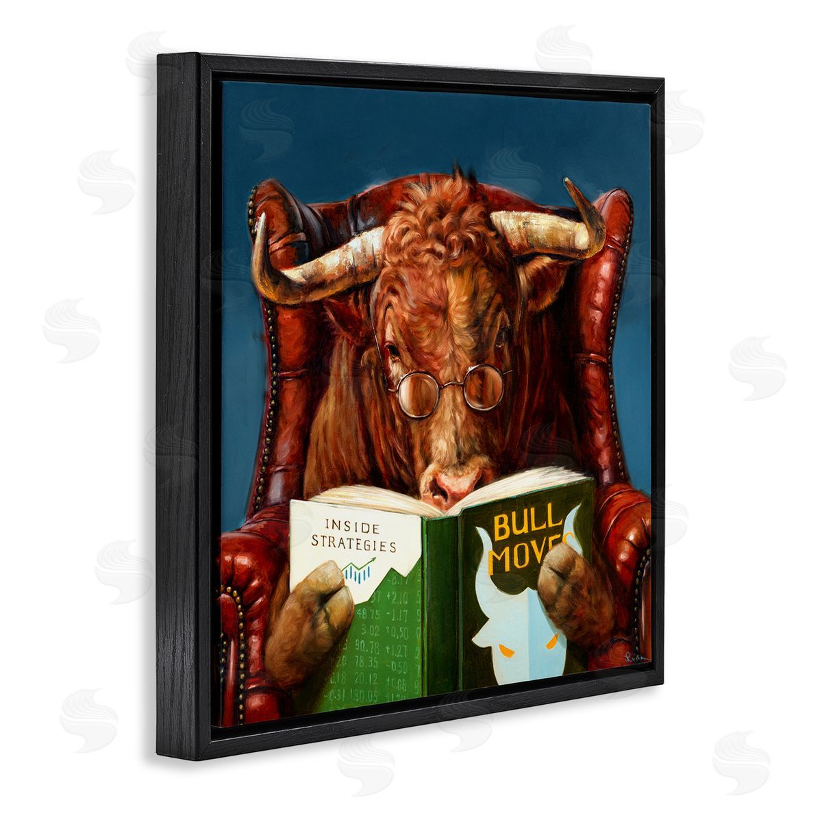 Lucia Heffernan Bull Reading Book Spectacles Red Leather Chair   Black Floating Frame Canvas Wall Art Print