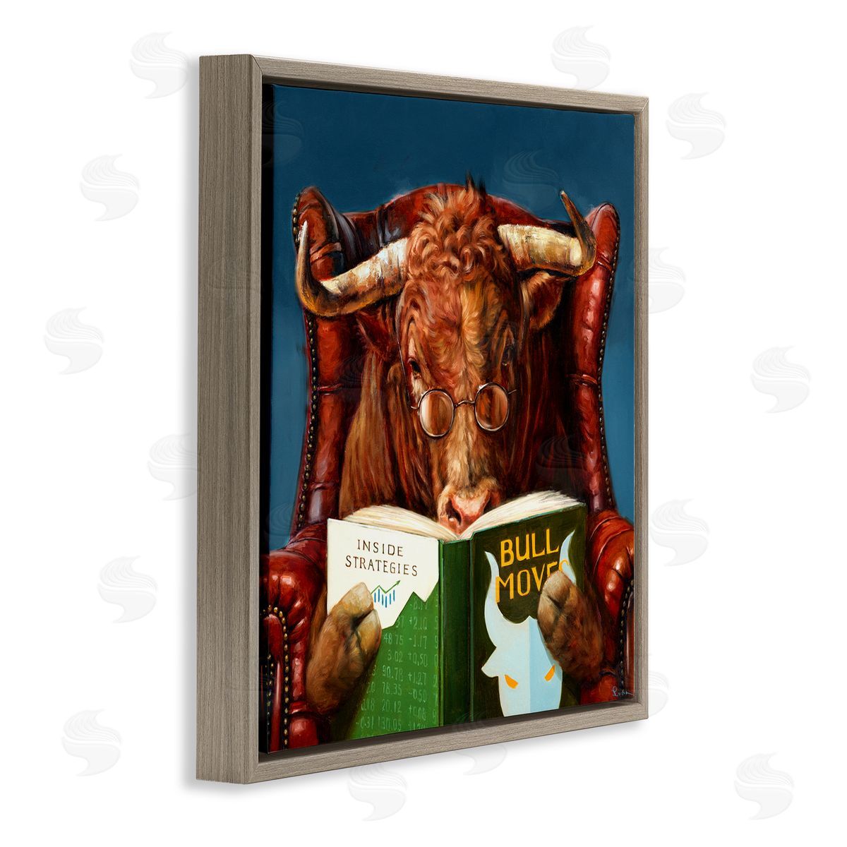 Lucia Heffernan Bull Reading Book Spectacles Red Leather Chair   Brown Floating Frame Canvas Wall Art Print