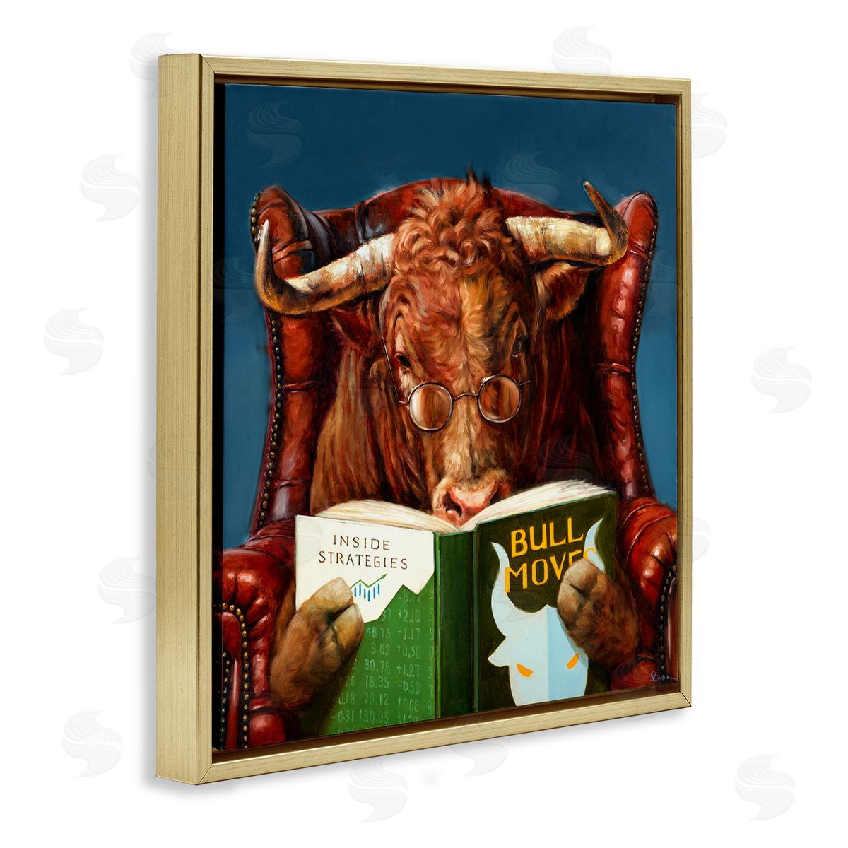 Lucia Heffernan Bull Reading Book Spectacles Red Leather Chair   Gold Floating Frame Canvas Wall Art Print