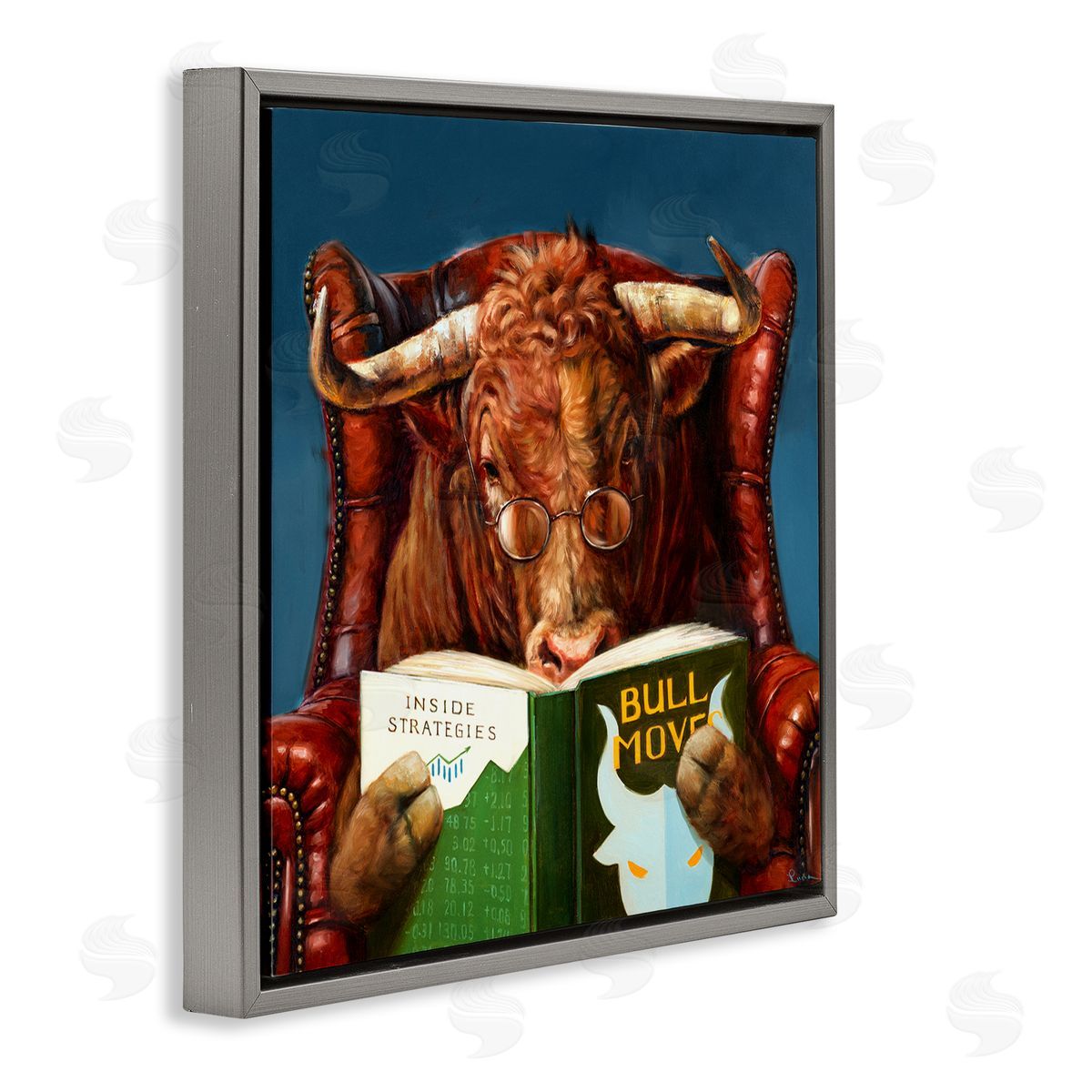 Lucia Heffernan Bull Reading Book Spectacles Red Leather Chair   Gray Floating Frame Canvas Wall Art Print